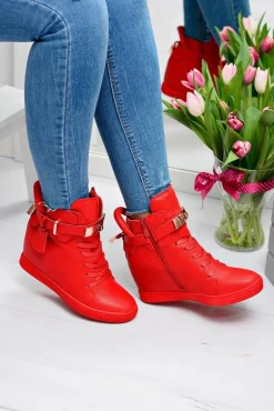 Damskie Czerwone Sneakersy Złota Kłódka Koturn Hudgens