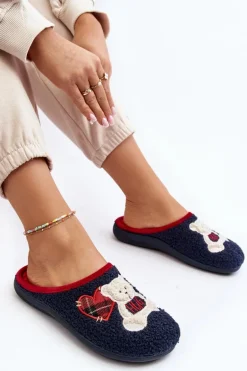 Damskie Domowe Klapki Kapcie Z Misiem Inblu EC000095 Granatowe