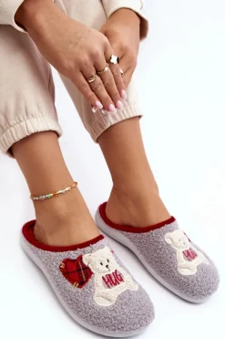 Damskie Domowe Klapki Kapcie Z Misiem Inblu EC000095 Szare