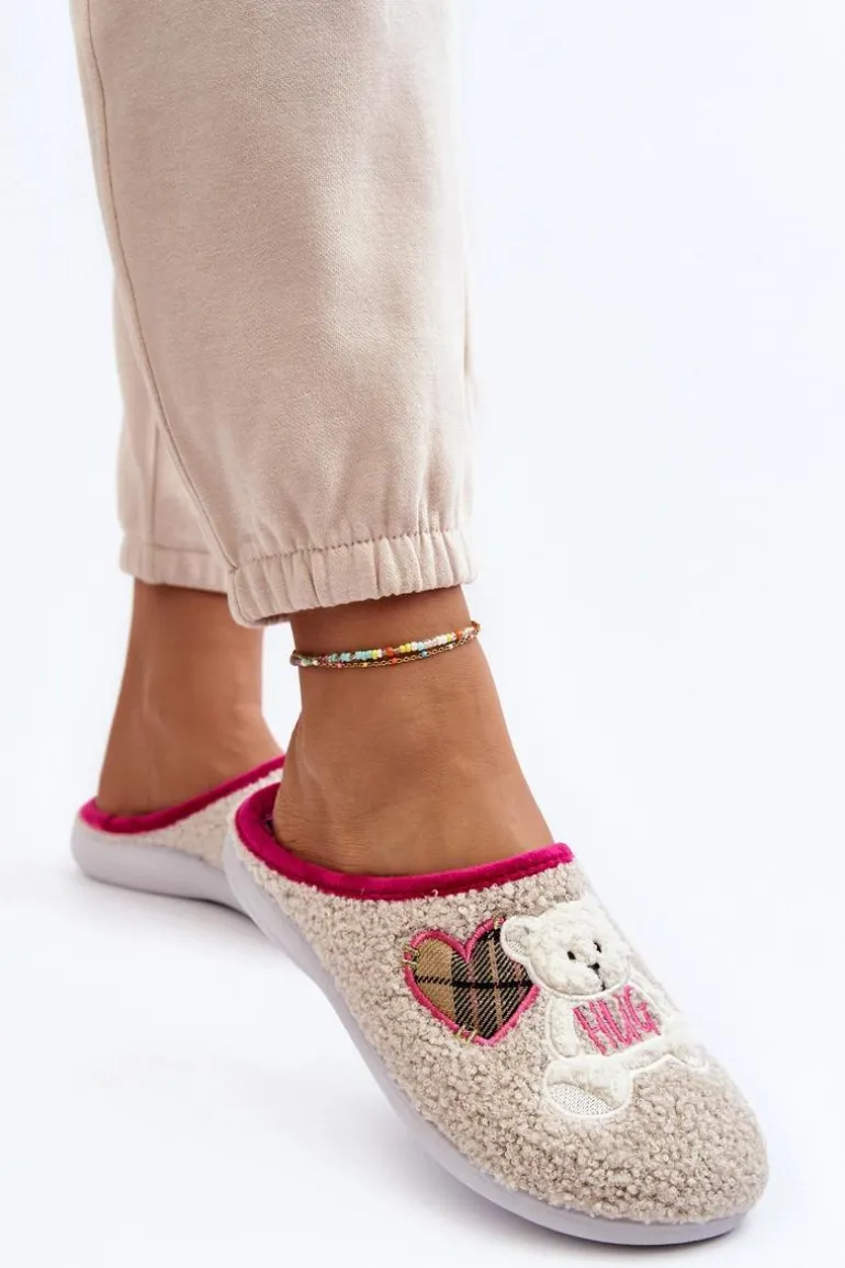 Damskie Domowe Klapki Kapcie Z Misiem Inblu EC000095 Beżowe