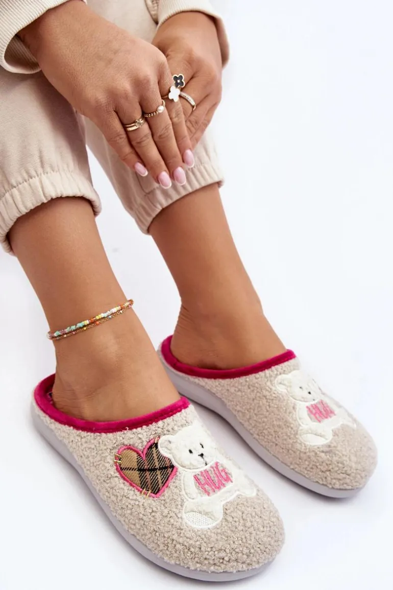 Damskie Domowe Klapki Kapcie Z Misiem Inblu EC000095 Beżowe