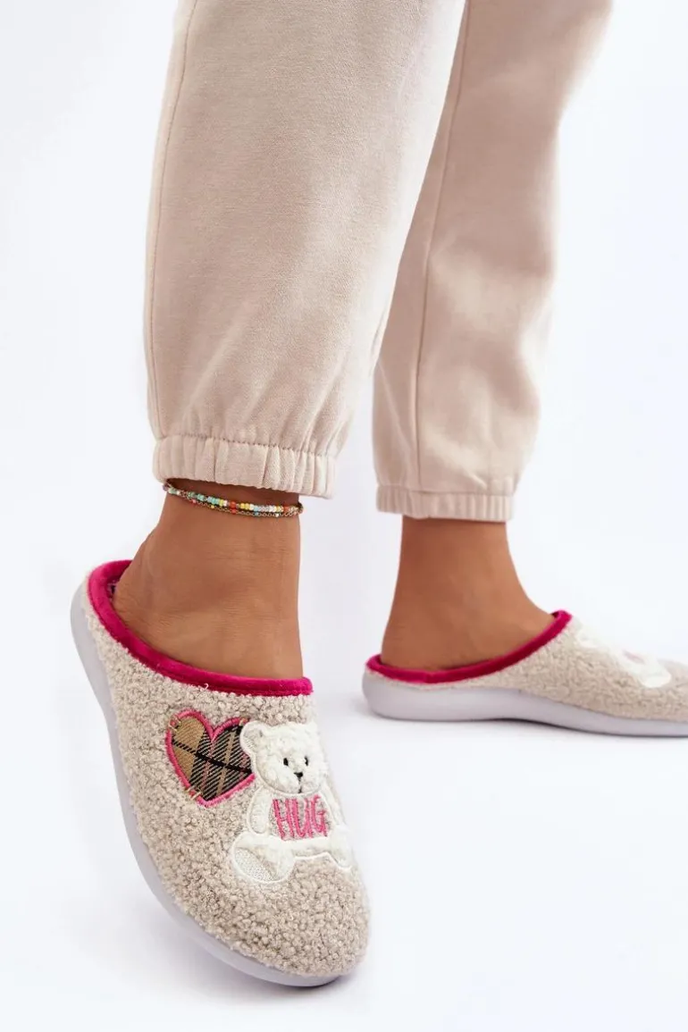 Damskie Domowe Klapki Kapcie Z Misiem Inblu EC000095 Beżowe