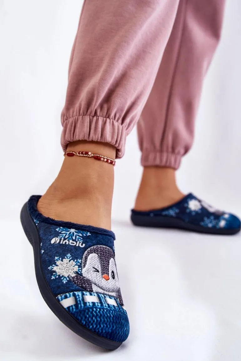 Damskie Domowe Klapki Papcie Pingwiny Inblu EC-81-004 Granatowe