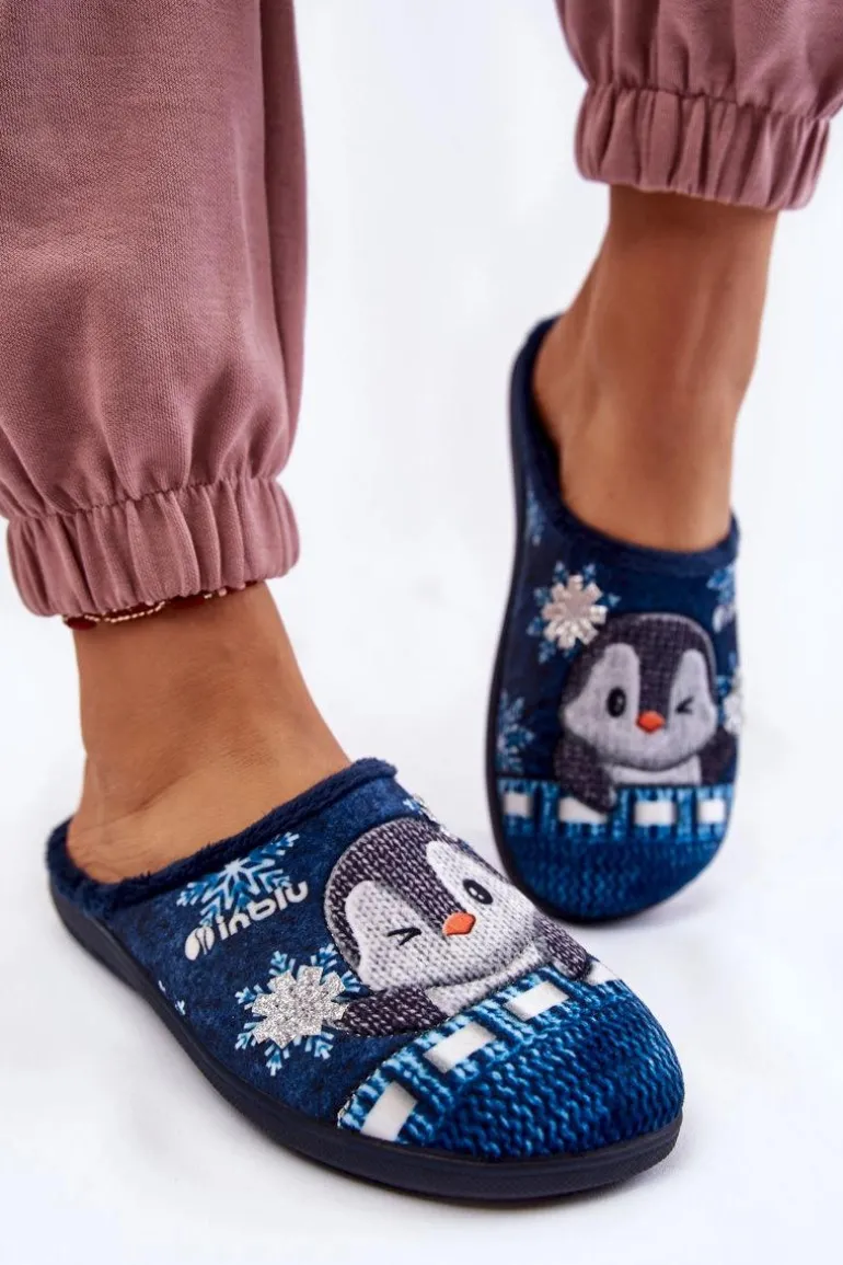 Damskie Domowe Klapki Papcie Pingwiny Inblu EC-81-004 Granatowe