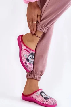 Damskie Domowe Klapki Papcie Pingwiny Inblu EC-81-023 Różowe