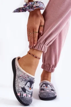 Damskie Domowe Klapki Papcie Pingwiny Inblu EC-81-025 Szare