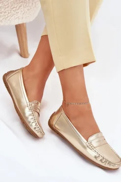 Damskie Eko Skórzane Mokasyny Złote Lenvie