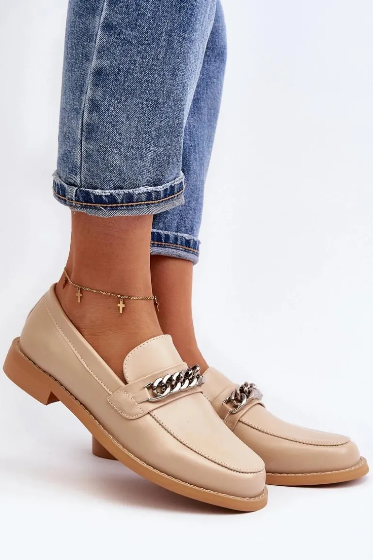 Damskie Eko Skórzane Mokasyny Z Łańcuchem Beżowe Nohlies