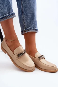 Damskie Eko Skórzane Mokasyny Z Łańcuchem Beżowe Nohlies