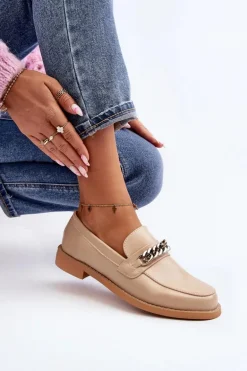 Damskie Eko Skórzane Mokasyny Z Łańcuchem Beżowe Nohlies