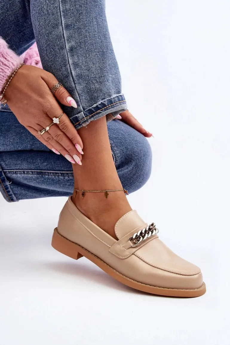 Damskie Eko Skórzane Mokasyny Z Łańcuchem Beżowe Nohlies