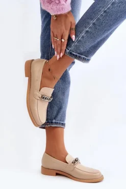 Damskie Eko Skórzane Mokasyny Z Łańcuchem Beżowe Nohlies