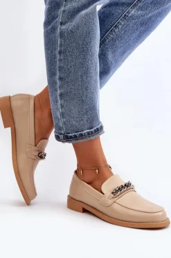 Damskie Eko Skórzane Mokasyny Z Łańcuchem Beżowe Nohlies