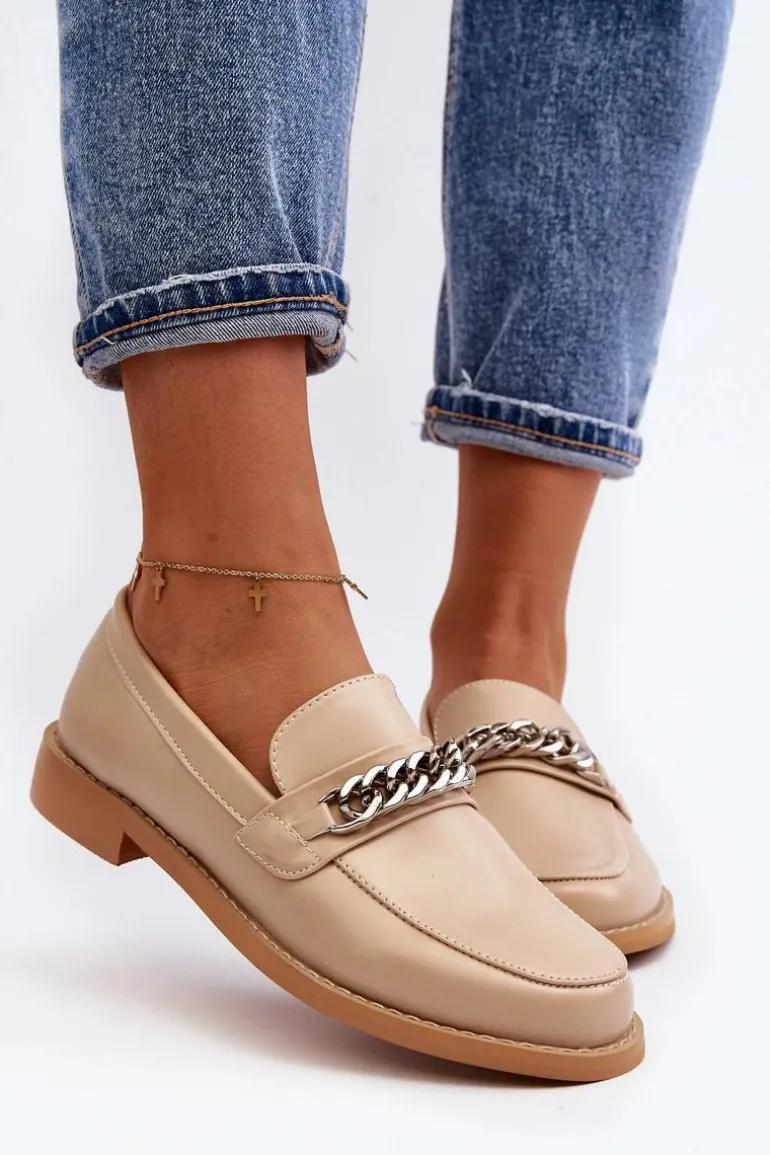 Damskie Eko Skórzane Mokasyny Z Łańcuchem Beżowe Nohlies