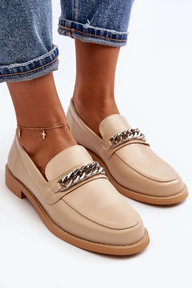 Damskie Eko Skórzane Mokasyny Z Łańcuchem Beżowe Nohlies
