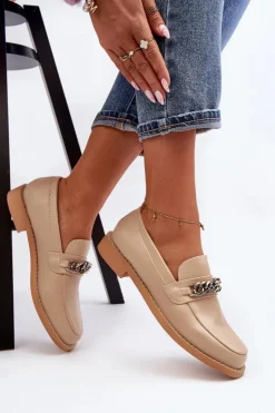 Damskie Eko Skórzane Mokasyny Z Łańcuchem Beżowe Nohlies