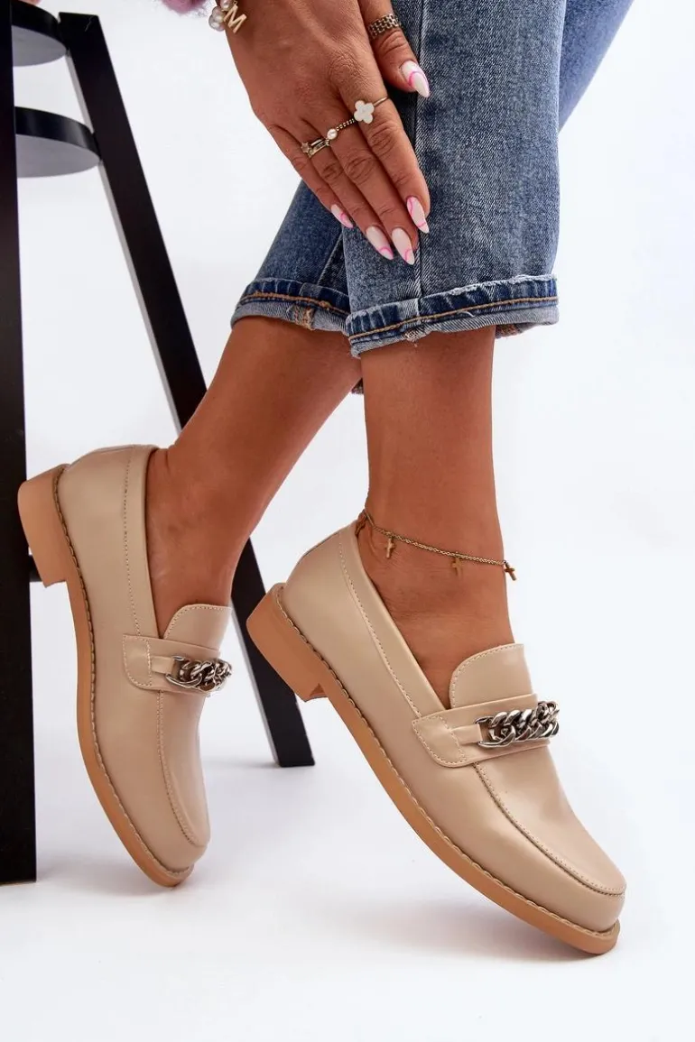 Damskie Eko Skórzane Mokasyny Z Łańcuchem Beżowe Nohlies
