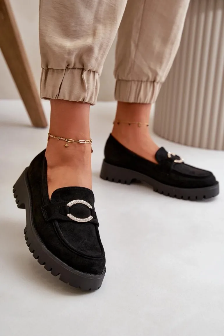 Damskie Eko Zamszowe Mokasyny Z Błyszczącym Detalem Czarne Avellina