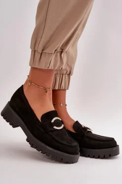 Damskie Eko Zamszowe Mokasyny Z Błyszczącym Detalem Czarne Avellina