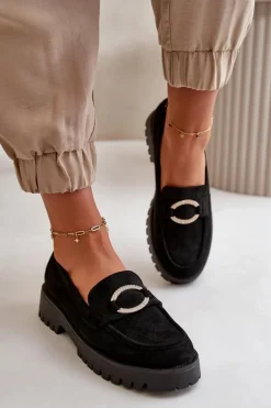 Damskie Eko Zamszowe Mokasyny Z Błyszczącym Detalem Czarne Avellina