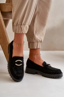 Damskie Eko Zamszowe Mokasyny Z Błyszczącym Detalem Czarne Avellina