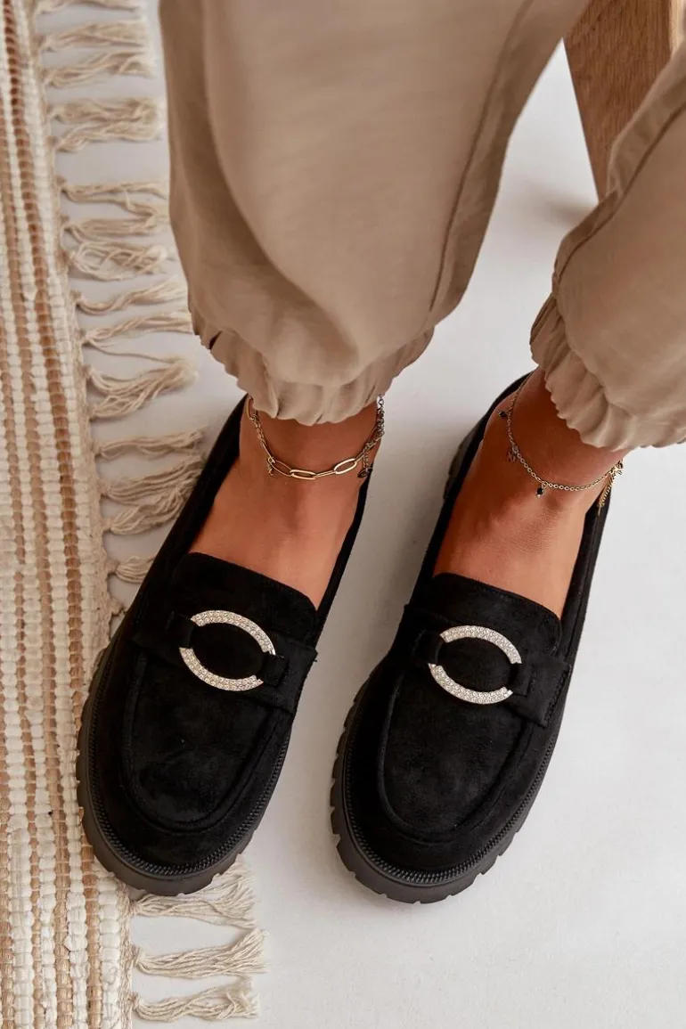 Damskie Eko Zamszowe Mokasyny Z Błyszczącym Detalem Czarne Avellina