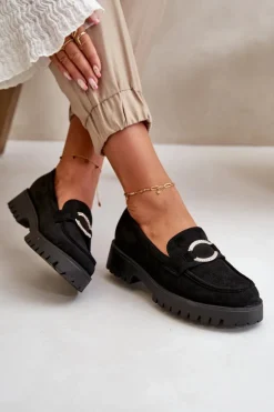 Damskie Eko Zamszowe Mokasyny Z Błyszczącym Detalem Czarne Avellina