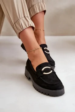 Damskie Eko Zamszowe Mokasyny Z Błyszczącym Detalem Czarne Avellina