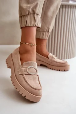 Damskie Eko Zamszowe Mokasyny Z Błyszczącym Detalem Beżowe Avellina