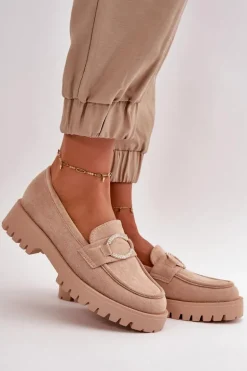 Damskie Eko Zamszowe Mokasyny Z Błyszczącym Detalem Beżowe Avellina