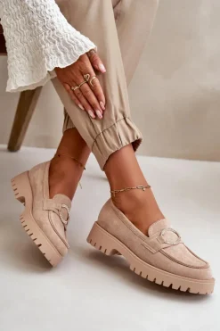 Damskie Eko Zamszowe Mokasyny Z Błyszczącym Detalem Beżowe Avellina