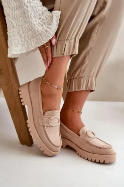 Damskie Eko Zamszowe Mokasyny Z Błyszczącym Detalem Beżowe Avellina