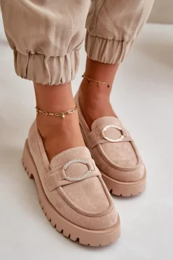 Damskie Eko Zamszowe Mokasyny Z Błyszczącym Detalem Beżowe Avellina