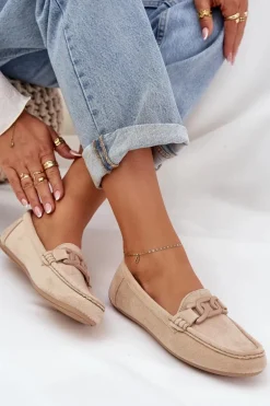 Damskie Eko Zamszowe Mokasyny Z Ozdobą Beżowe Seathra