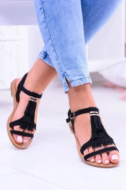 Damskie Eleganckie Płaskie Sandałki Memi Czarne