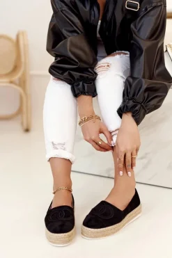 Damskie Espadryle Na Słomkowej Platformie Czarne Febi