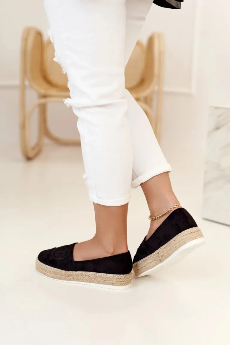 Damskie Espadryle Na Słomkowej Platformie Czarne Febi