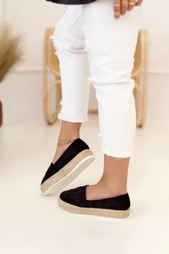 Damskie Espadryle Na Słomkowej Platformie Czarne Febi