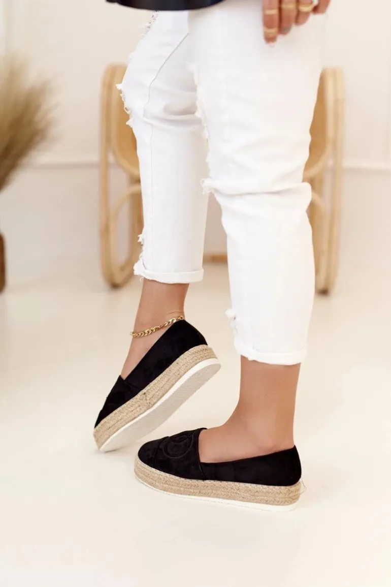 Damskie Espadryle Na Słomkowej Platformie Czarne Febi