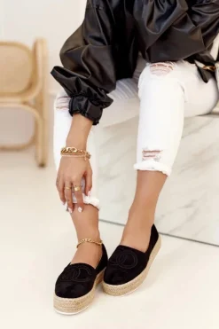 Damskie Espadryle Na Słomkowej Platformie Czarne Febi