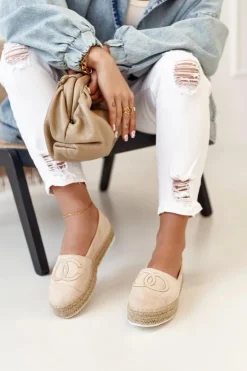 Damskie Espadryle Na Słomkowej Platformie Beżowe Febi