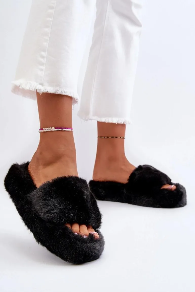 Damskie Futrzane Kapcie Czarne Stepia