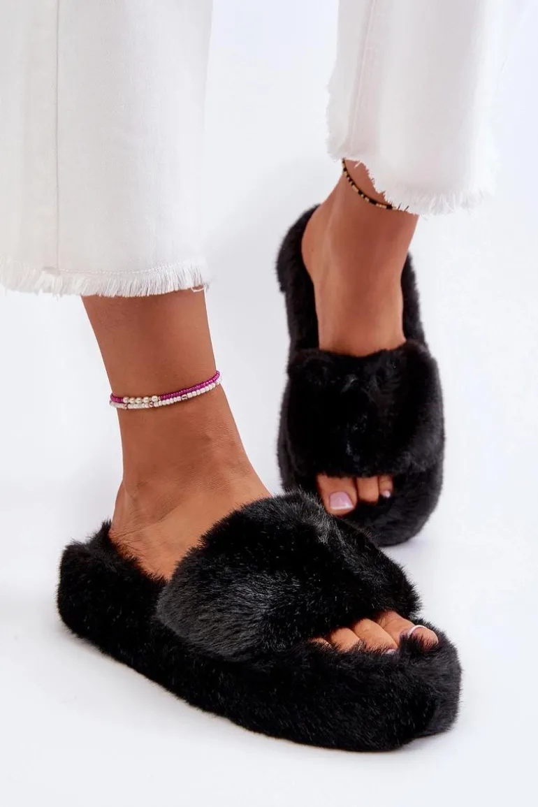 Damskie Futrzane Kapcie Czarne Stepia