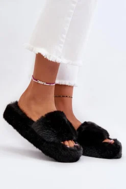 Damskie Futrzane Kapcie Czarne Stepia