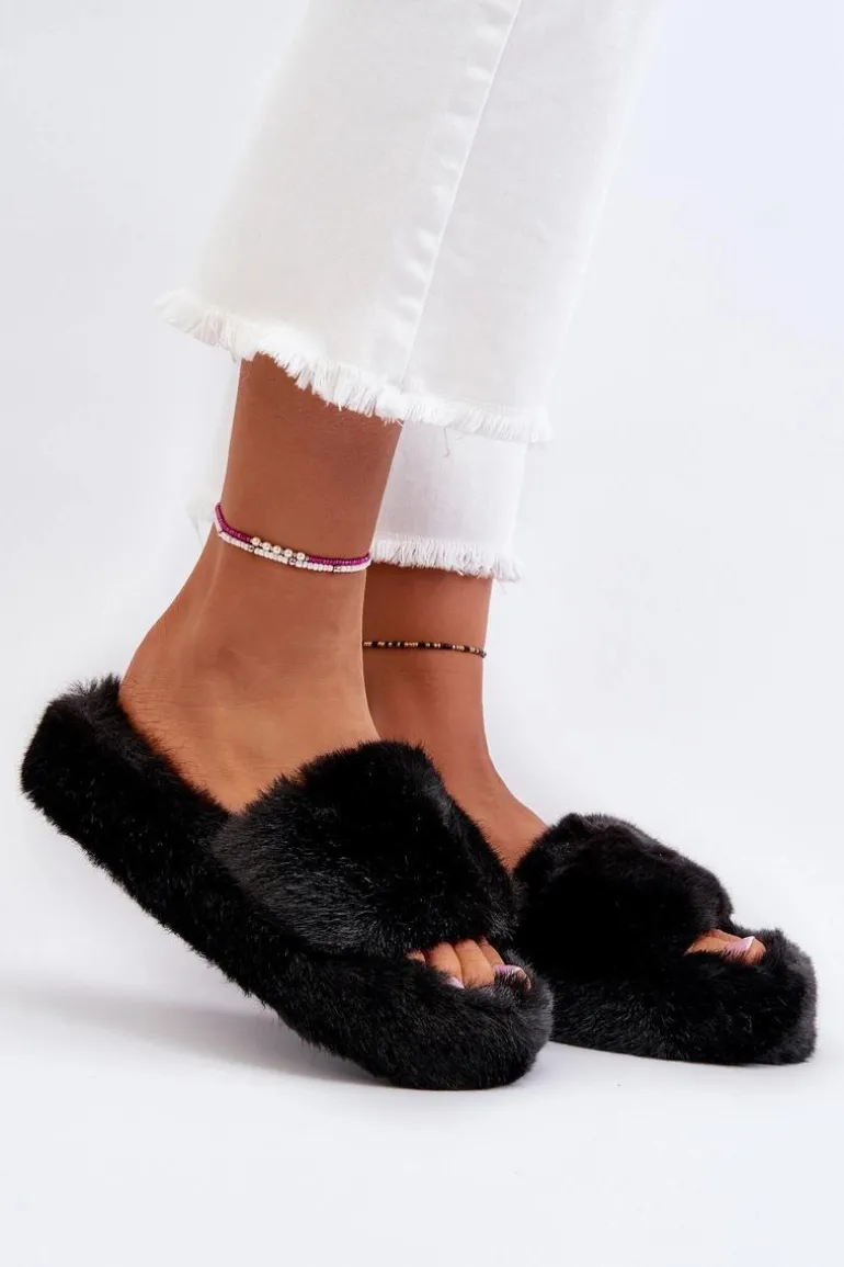 Damskie Futrzane Kapcie Czarne Stepia