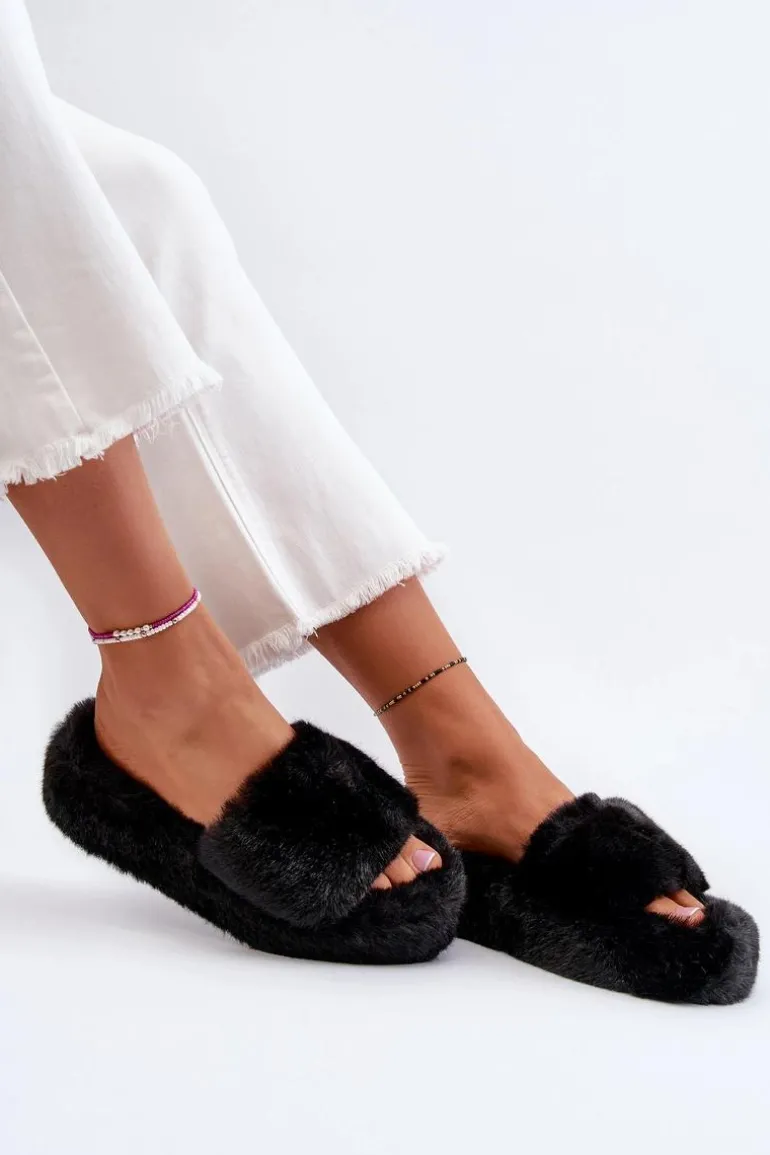 Damskie Futrzane Kapcie Czarne Stepia