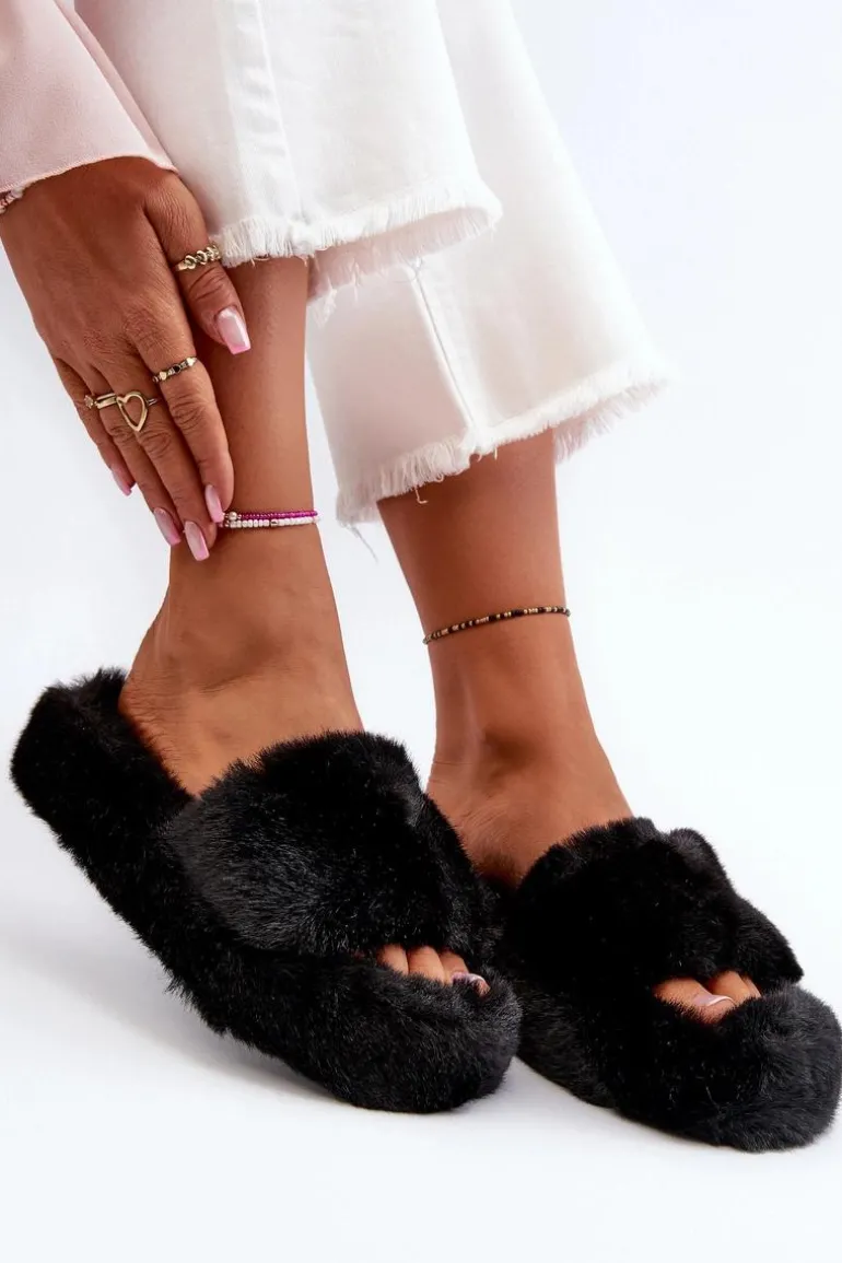 Damskie Futrzane Kapcie Czarne Stepia