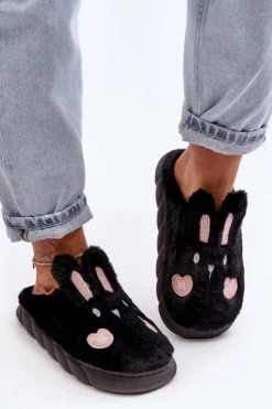 Damskie Futrzane Kapcie Z Króliczkiem Czarne Naveritte