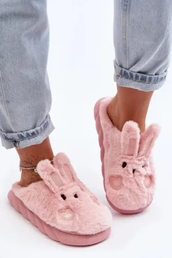 Damskie Futrzane Kapcie Z Króliczkiem Różowe Naveritte