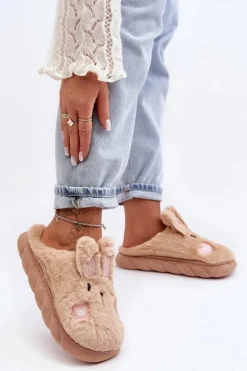 Damskie Futrzane Kapcie Z Króliczkiem Beżowe Naveritte